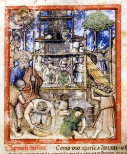 建造巴别塔。 抄本 212（或帕多瓦诺抄本或帕多瓦圣经）1390-1400 年 Rovigo，Accademia dei Concordi 的缩影 作者 未知艺术家