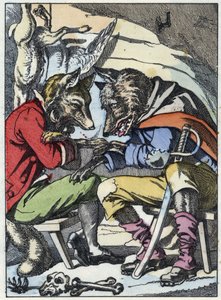 狼和狐狸之间的对话。根据Jean de la Fontaine的寓言故事 "Compere le Loup, Maitre Renard, Comere la Chevre et ses petits biquets "的插图。载于《小家伙们的家庭故事》。佚名雕版画 作者 未知艺术家