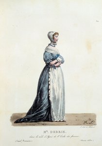 1680年，德布利小姐在莫里哀的《妇女学校》中扮演艾格尼丝的服装。希波利特-勒孔特（1781-1857）的法国喜剧的服装。19世纪的雕版画。领。我们走吧。 作者 未知艺术家