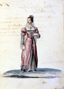 吉罗尼为乔阿奇诺·罗西尼 (Gioacchino Rossini) 的歌剧《坦克雷迪》(Tancrede) 绘制了锡拉丘兹贵族小姐的服装。 1813 作者 未知艺术家