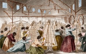 衬衣工厂：铺设箍筋。1865年的雕刻。 作者 未知艺术家