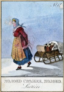 俄罗斯的奶制品妇女在雪橇上扛着牛奶罐，Bibl。 装饰艺术。 作者 未知艺术家