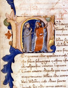 但丁和维吉尔在地狱入口处。 (lettrine ""N"") Incipit of a Divina Commedia (Divine Comedy) 14 世纪米兰，Trivulzian 图书馆。 （在我们人生的旅途中......） 作者 未知艺术家
