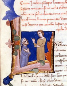 但丁在天堂入口处受到比阿特丽斯的欢迎。 （字母“L”）14 世纪 Divina Commedia（神曲）Milano biblioteca Trivulziana 手稿 作者 未知艺术家