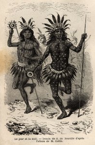 白天和晚上，在密苏里河左岸的曼丹斯印第安人（或noumah ka kie：野鸡）中，由酋长和他的同伴执行的宗教仪式和赎罪的舞者身上的绘画。雕刻，以说明一项游览活动 作者 未知艺术家