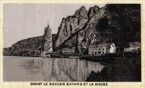 比利时Wallonia的Dinant, le Rocher Bayard et la Meuse。19世纪末的彩色石版画。 作者 未知艺术家