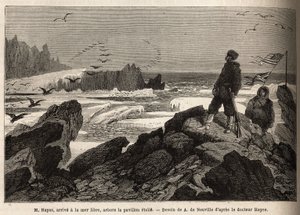 海斯医生，抵达北极自由海，他的探险目的，插上了美国星形旗帜。说明美国海军外科医生海斯在1860-1862年前往北极自由海域航行的版画。 作者 未知艺术家