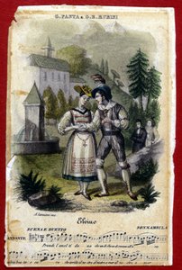 文森佐-贝利尼的歌剧 "La somnambule"（"La Sonnambula"）中朱迪塔-帕斯塔和吉安-巴蒂斯塔-鲁比尼的双人表演。米兰的卡尔卡诺剧院（Teatro Carcano）。1831. 作者 未知艺术家