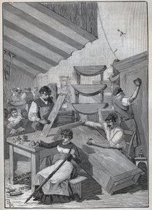 Ebenisterie：邮票上光车间。1885年阿道夫-比塔尔（Adolphe BITARD）在 "Les arts et metiers illustrstres "中的雕版。 作者 未知艺术家