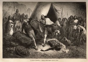 皇帝（或 negus）西奥多罗斯二世（Tewodros）（生于 1818-1868 年左右，在他为埃塞俄比亚帝国加冕前称卡萨海鲁）用他的枪威胁。 感到受到侮辱 作者 未知艺术家
