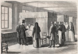 拿破仑三世（1808-1873）参观了迪厄酒店（Hotel-Dieu）为霍乱患者提供的房间，并与他们交谈 - 雕刻在 "插图世界 "中。 作者 Unknown artist