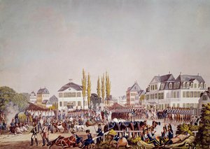 拿破仑一世皇帝（1769-1821）检阅法兰克福的军队。 1813 年雕刻。法兰克福，历史博物馆 作者 未知艺术家