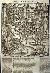 Eneide de Virgil (70 BC-19 BC), book XIII (supplementum), the Trojan heros Enee receives the Latins, sacrifices are made in respect of the victims of war.塞巴斯蒂安-布兰特（1458-1521）的木刻版画。斯特拉斯堡 作者 未知艺术家