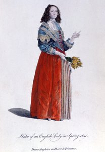 1641 年穿春装的英国女人。19 世纪雕刻。 作者 未知艺术家