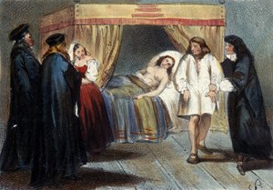 曼图亚公爵文森特一世 (1562 - 1612) 于 1584 年与弗朗索瓦·德·美第奇的女儿埃莱奥诺尔 (Eléonore) 结婚的男子气概测试集。他被怀疑没有任何继承人。 19 世纪的石版画。 作者 未知艺术家