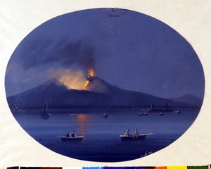 从卡塔尼亚附近的海上看到的埃特纳火山夜间喷发。 19 世纪的匿名绘画。 作者 未知艺术家