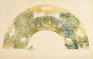 Evantail - Bretons Au Bord De La Mer（《扇子 - 海边的布列塔尼人》）（锌版画和单版画，手工上色） 作者 未知艺术家