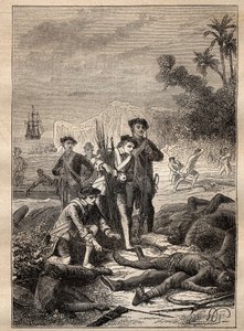 让-弗朗索瓦-德-苏维尔（1717-1770）在南洋的远征（1769-1770）：苏维尔的水手们收集在战斗中死去的原住民的武器（新爱尔兰，巴布亚新几内亚）--插图取自《伟大的水手》。 作者 未知艺术家