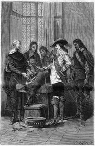 英国医生威廉-哈维（1578-1657）向英国国王查尔斯一世-斯图亚特（1600-1649）和伦敦皇家学院的医生展示了活母鹿的血液循环现象的经验。在 "自然 "杂志上的版画 作者 未知艺术家