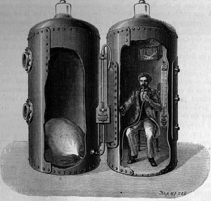 生理学家Paul Bert (1833-1886)关于气压的经验：呼吸吸氧的空气，通过降低压力而扩张。1年12月22日的《自然：科学与艺术和工业应用杂志》中的版画。 作者 未知艺术家