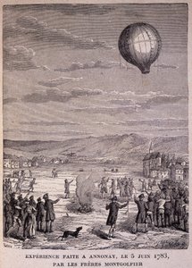 1783年6月5日，Montgolfier兄弟在Annonay进行的实验--载于 "当代人"，约19世纪末。 作者 未知艺术家