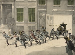 消防队员在火场离开紧急呼叫，1895 年水彩。美国 作者 未知艺术家