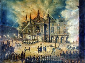 1881 年维也纳歌剧院维也纳环形剧院火灾。19 世纪绘画 作者 未知艺术家