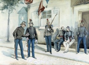 1870年，消防员在他们的营房前。 作者 未知艺术家