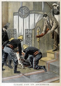 救一名男子的消防员在巴黎大楼的电梯前坠毁。 1899 年的“小杂志”插图。 作者 未知艺术家