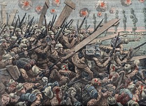 第一次世界大战：伊瑟尔河战役中的德国军队 1914 年 10 月 插图选自 "Le pelerin"，11 月 29 日 作者 未知艺术家