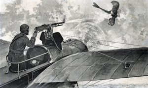 第一次世界大战："1914 年 9 月 2 日，法国飞行员 Jules Vedrines（1881-1919 年）在他的 Bleriot 飞机上用机枪击落了一架德国飞机 Taube"（第一次世界大战：1914 年 9 月 2 日，法国飞行员 Jules Vedrines 在他的 Bleriot 飞机上用机枪击落了一架德国飞机 Taube）。 作者 未知艺术家