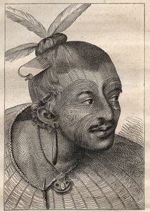 詹姆斯-库克船长（1728-1779）的第一次航行（1768-1771）：新泽兰达人（Neo Zelandais）的纹身头像--插图取自 "18世纪的伟大航海家" 作者 未知艺术家