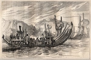 詹姆斯-库克船长（1728-1779）的第一次航行（1768-1771）：大溪地舰队聚集在奥帕里--插图取自 "18世纪伟大的航海家" 作者 未知艺术家