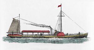 美国工程师罗伯特·富尔顿 (Robert Fulton，1765-1815 年) 在美国哈德逊河上第一次航行“克莱蒙”号汽船 作者 未知艺术家