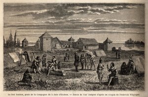 Fort Youkon, in the Gulf of Norton, Alaska, founded in 1847, an establishment of the Hudson Bay Company, Indians encamped around the palisades. Engraving to illustrate the voyage and adventures in English Colombia, Vancouver Island and Alaska, by Frederick 作者 未知艺术家