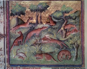 狐狸狩猎家禽。 加斯顿·福比斯（Gaston Phoebus，1331-1391）手稿“Le livre de la chasse”（第 34v 对开本）的缩影 作者 未知艺术家
