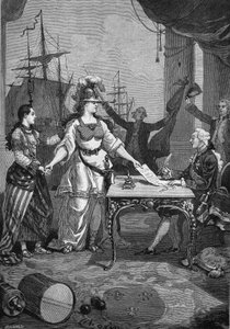 法国结盟--国王（路易十六）只需签署：1778年2月6日，法国与北美叛乱殖民地签署了友好和贸易条约，法国有义务保证美利坚合众国的独立。 作者 未知艺术家