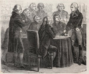 法国大革命。路易-玛丽-德-纳邦-拉拉（Narbonne-Lara）伯爵（1755-1813）在议会的委员会中展示他的计划--在 "插图世界 "中的版画 作者 未知艺术家