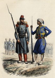 法国军服。左边是1831年组建并派往阿尔及利亚的外国军团。右边是1841年训练并派往阿尔及利亚的本土骑手。L