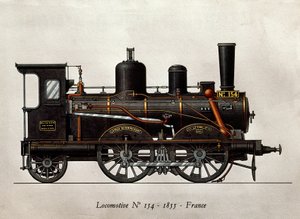 法国火车。1855年第154号机车。雕刻。巴黎，装饰艺术 作者 未知艺术家
