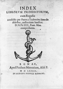 1564年在罗马出版的Index Librorum Prohibitorum（《禁书索引》或Index Exurgatorius）的正面插图。他列出了罗马天主教徒不允许阅读的书籍。 作者 未知艺术家