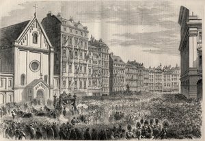 墨西哥皇帝马克西米利安一世（1832-1867）的葬礼：送葬队伍抵达维也纳卡普钦教堂前。载于 "辉煌的世界 "的雕刻作品 作者 未知艺术家