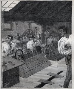 电镀：用刮刀对黄金珠宝进行刮磨。1885年阿道夫-比塔尔在 "Les arts et metiers illustrstres "中的版画。 作者 未知艺术家