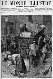 垃圾箱，巴黎的新卡车rue du Cherche Midi (Cherche-Midi)。男人和女人在巴黎的一条街道上捡拾垃圾，将其放入车内，从而净化生活。刊登在 "世界画报 "上的版画 作者 未知艺术家