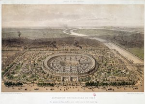 从巴黎Trocadero拍摄的1867年世界博览会的全景：Champ de Mars和跨越塞纳河的Iena桥。19世纪的石版画。巴黎，奥赛博物馆 作者 未知艺术家
