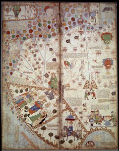 Geographic map: China, Ganges Valley, Sumatra, Ceylan. Catalan Atlas (Catalan map) (Spain). Manuscript of 1375 (Folio 2v - folio 3) by Abraham Cresques. BN, Paris 作者 未知艺术家