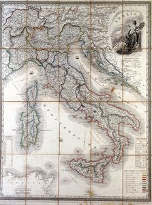1850 年意大利的地理地图，其中划定了组成该国的不同州的边界。 作者 未知艺术家