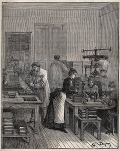 19世纪法国一家工场用铁器给书籍（封面）镀金。1885年阿道夫-比塔尔（Adolphe BITARD）在 "Les arts et metiers illustrstres "中的雕版画。 作者 未知艺术家