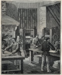 金匠：准备板材，为执行特殊银器准备金属。1885年阿道夫-比塔尔（Adolphe BITARD）在 "Les arts et metiers illustrstres "中的版画。 作者 未知艺术家