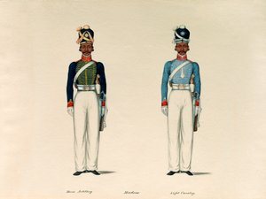 马德拉斯骑马炮兵Golundauz；和索瓦尔，马德拉斯轻骑兵，约1835年。 作者 不明